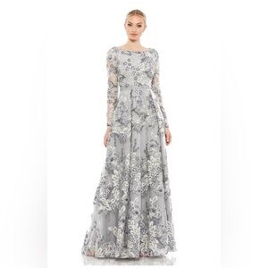 Mac Duggal Silver Gray Embroidered Long Sleeve Midi Dress